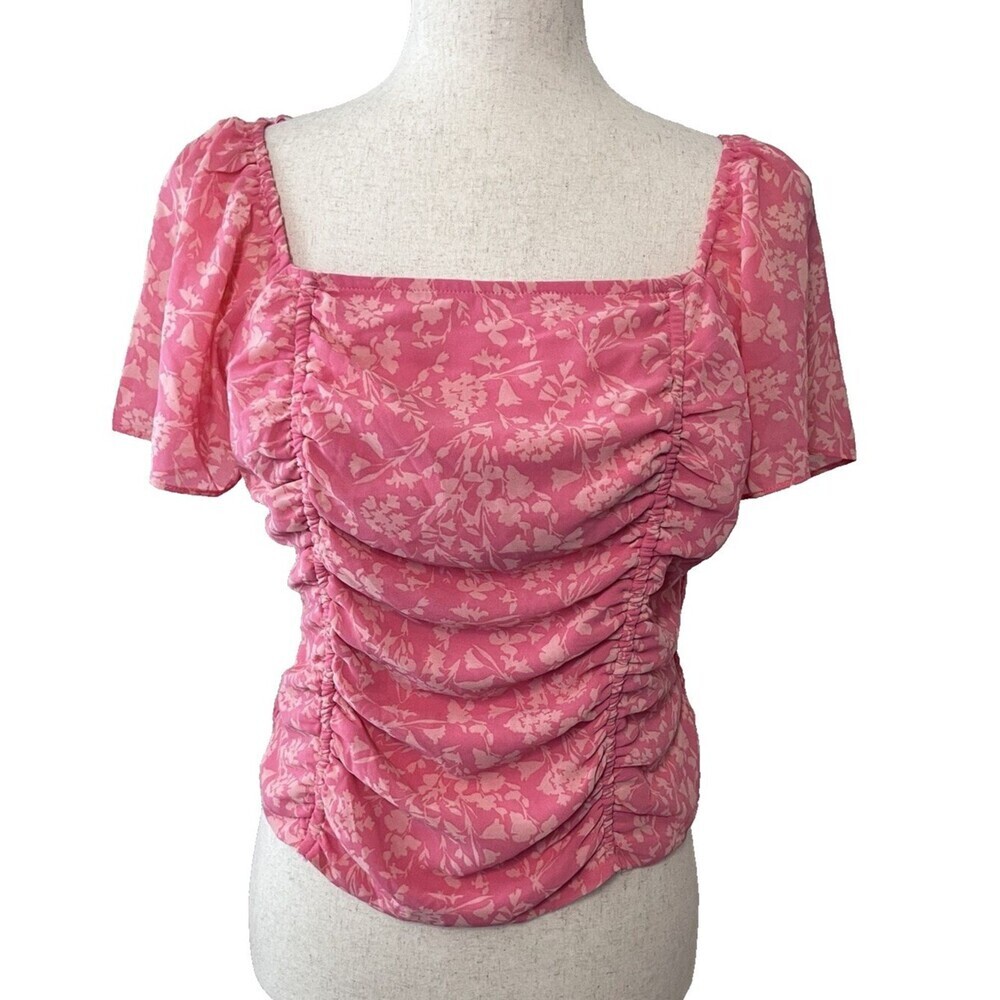 Lush Pink Womens M Floral Smocked Back Ruched Flutter Sleeve Blouse NWOT Cottage